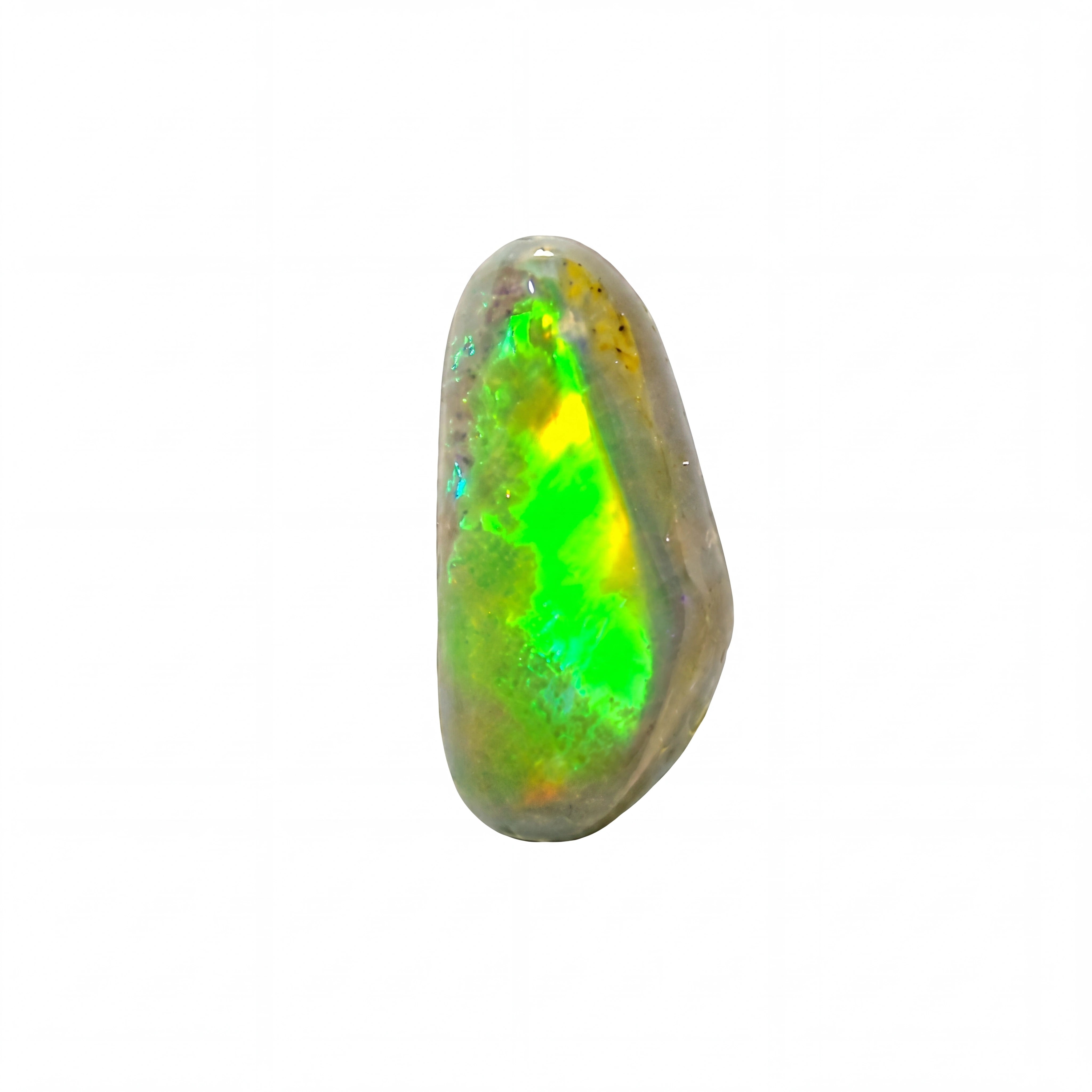 A single polished natural opal gemstone with vibrant iridescent flashes of green, yellow, blue, and orange on a neutral grey base, isolated on a solid white background.