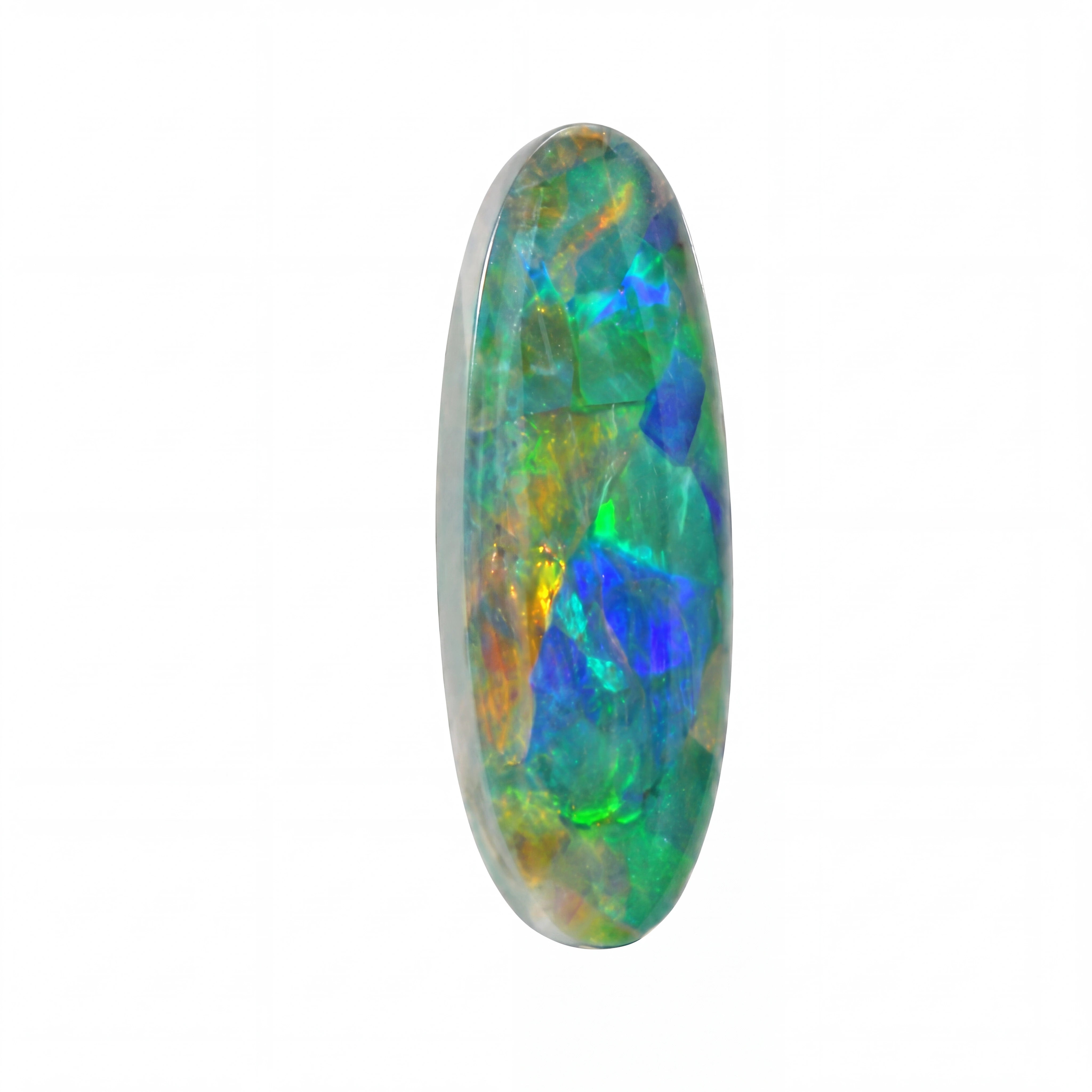 A polished oval cabochon opal gemstone displaying vibrant iridescent colours of blue, green, orange, and yellow on a solid white background.