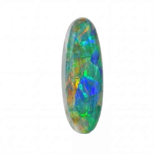 A polished oval cabochon opal gemstone displaying vibrant iridescent colours of blue, green, orange, and yellow on a solid white background.