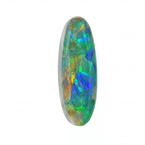 A polished oval cabochon opal gemstone displaying vibrant iridescent colours of blue, green, orange, and yellow on a solid white background.