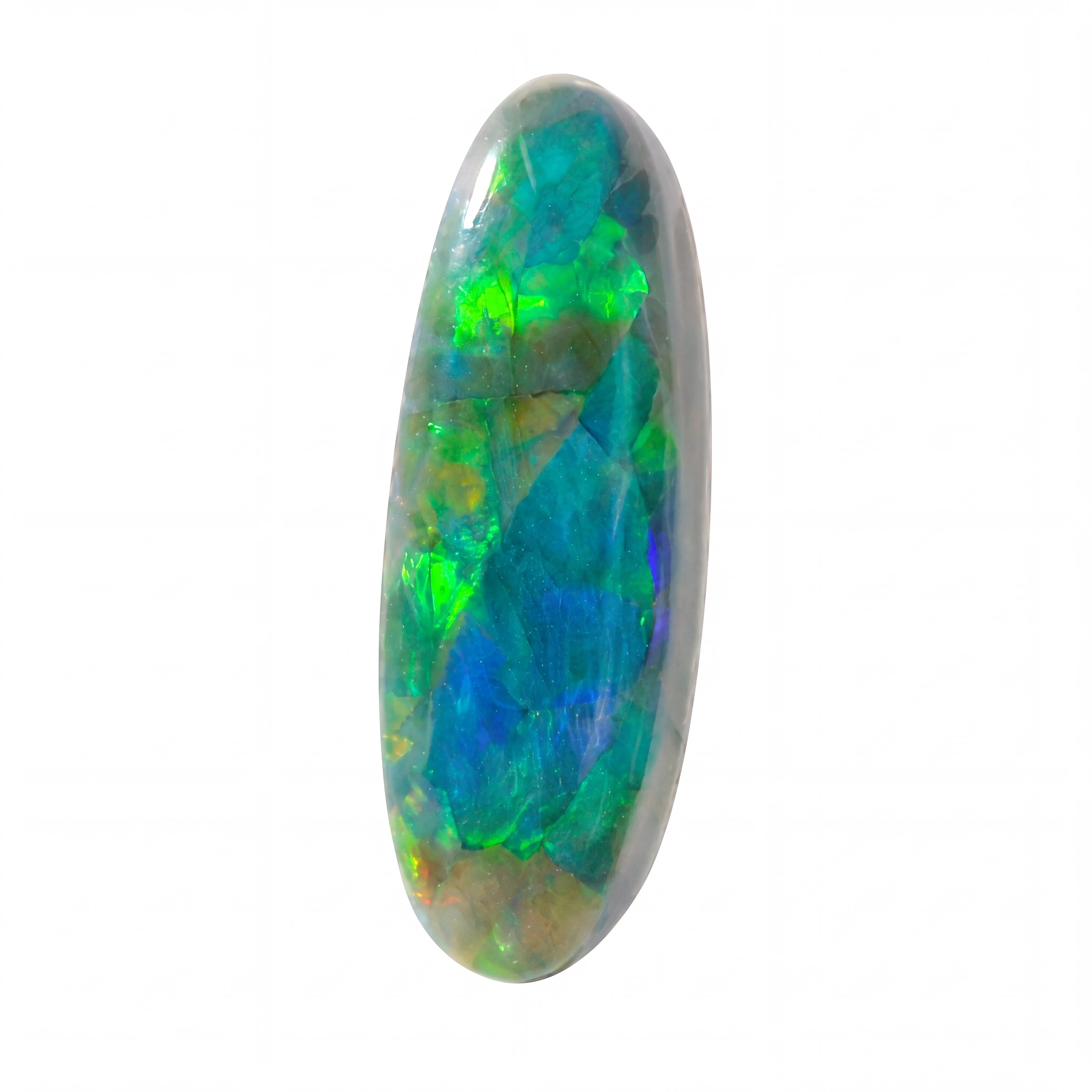 A polished oval cabochon opal gemstone displaying vibrant iridescent colours of blue, green, and orange on a clean white background.