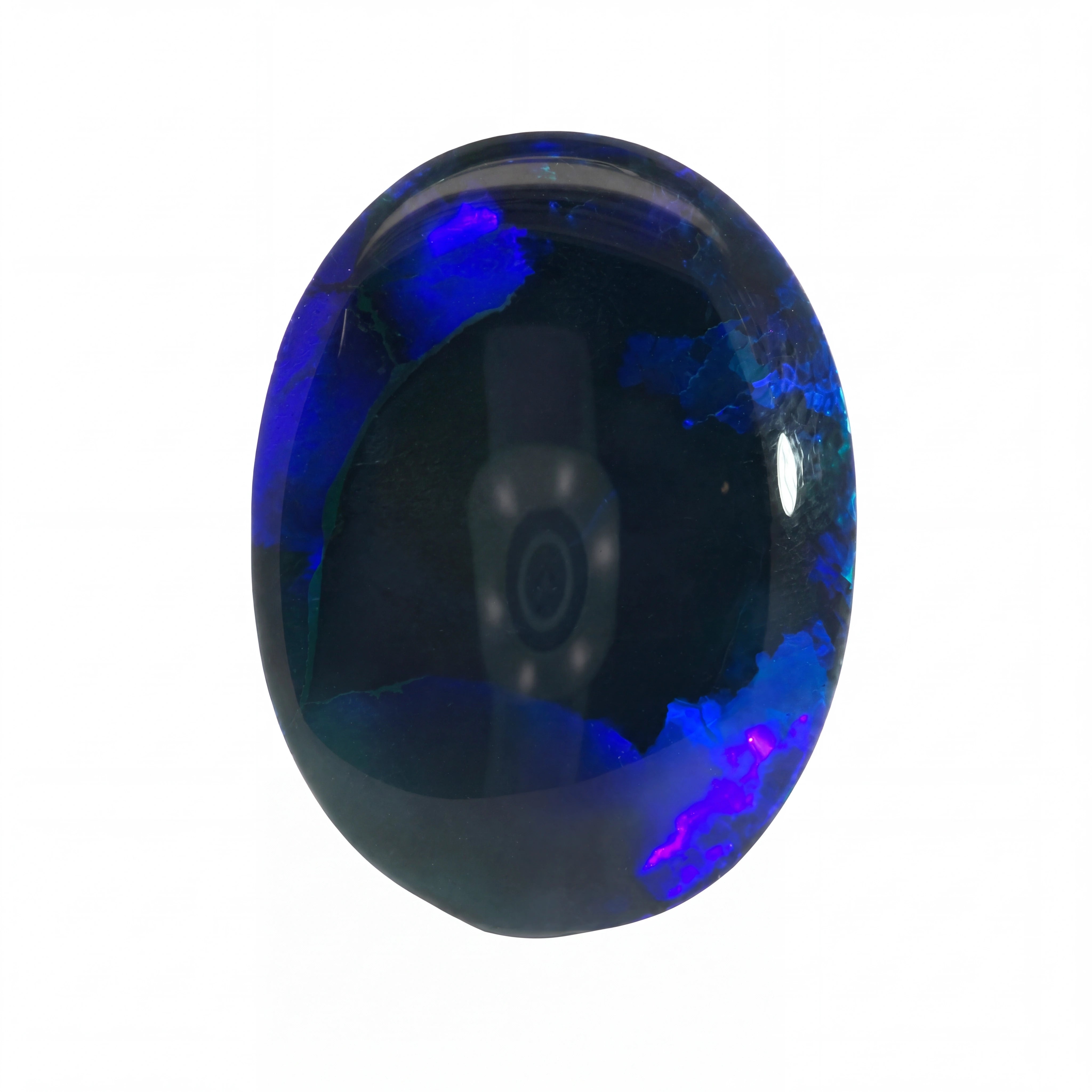 A polished oval cabochon gemstone featuring a deep blue to black base with vibrant iridescent blue and purple flashes, shown on a plain white background.