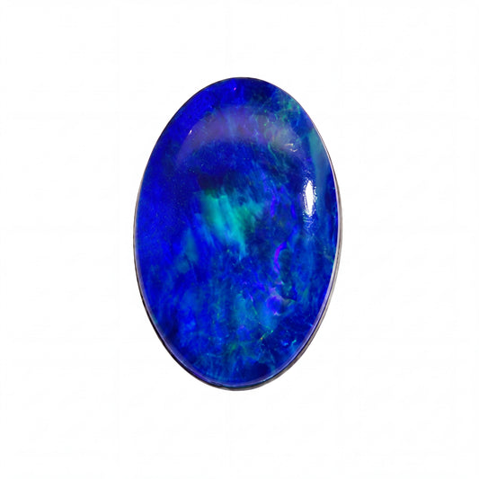 An oval-cut cabochon gemstone featuring a vibrant blue and green marbled pattern, set in a dark bezel against a plain white background.