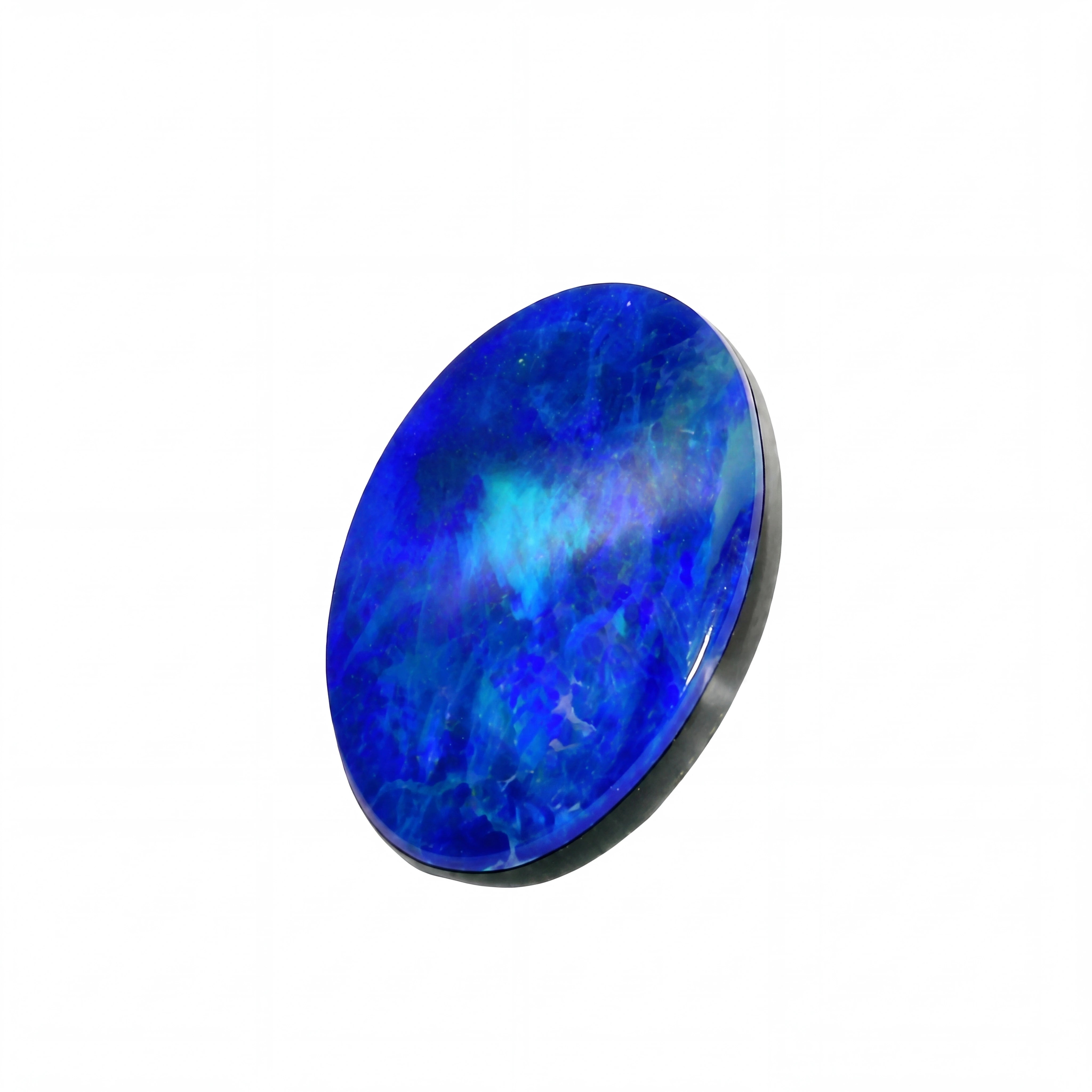 A polished oval cabochon gemstone with vibrant blue and lighter turquoise iridescent areas, set in a dark bezel on a plain white background.