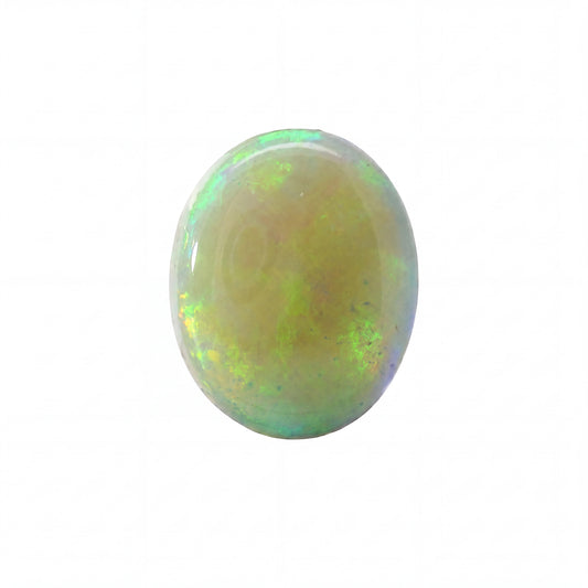An oval cabochon gemstone with a milky white base and vibrant iridescent flashes of green, blue, and yellow, set against a plain white background.