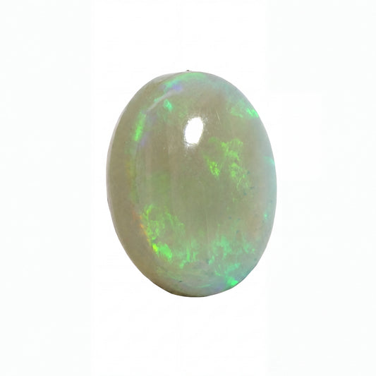 A polished oval cabochon gemstone with a milky white base and vibrant green iridescent flashes, shown on a plain white background.