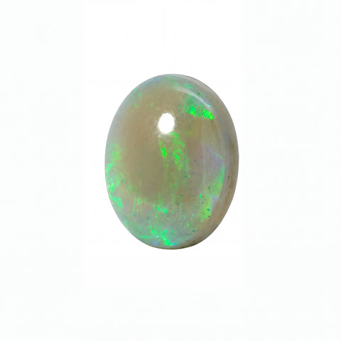 A polished oval cabochon opal gemstone displaying a mix of cream, grey, and vibrant green iridescent flashes, set against a plain white background.