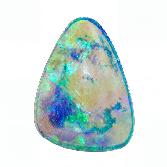 A teardrop-shaped natural opal gemstone with vibrant iridescent colours including blue, green, purple, and gold, set against a plain white background.