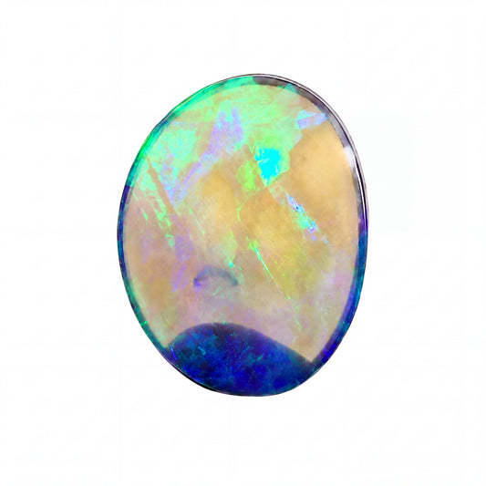 A polished oval cabochon gemstone showing a play-of-colour pattern with blue, green, yellow, and purple hues, set against a plain white background.