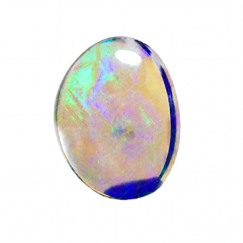 A polished oval cabochon gemstone showing a play-of-colour iridescent pattern with blue, green, purple, and cream tones, isolated on a white background.