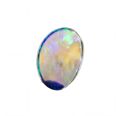 An oval-cut cabochon opal gemstone displaying a vibrant play-of-colour with blue, green, yellow, and purple hues, set in a polished silver bezel against a plain white background.