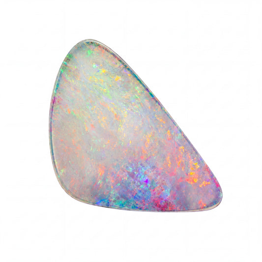 A triangular cabochon gemstone with a white base showing flashes of pink, orange, blue, green, and purple, set against a plain white background.