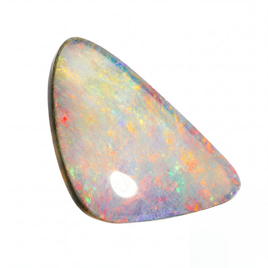 A triangular cabochon opal gemstone displaying a play-of-colour pattern with white, orange, green, and blue iridescence on a clean white background.