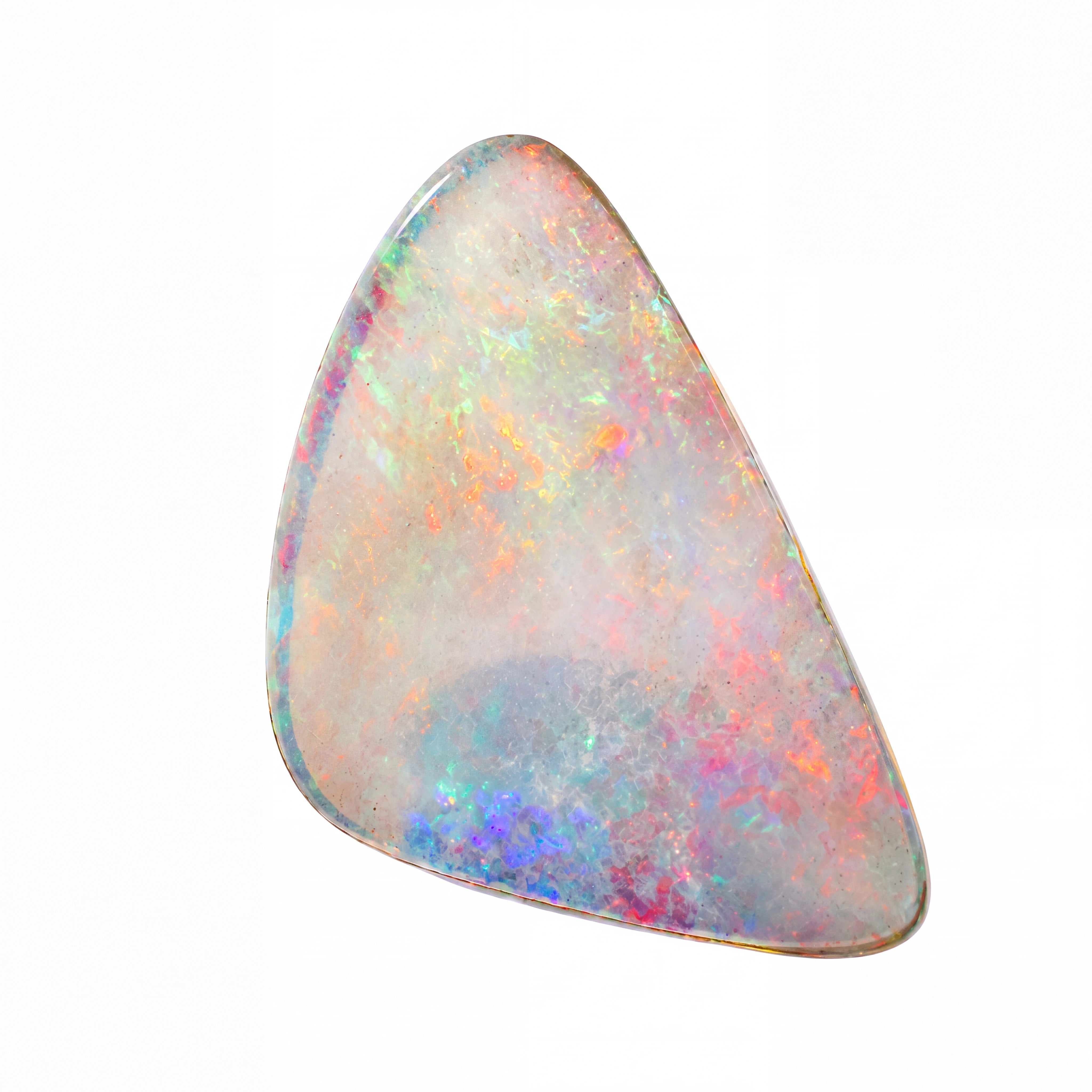 A triangular natural opal gemstone with a white base and vibrant iridescent flashes of orange, pink, blue, and green, isolated on a solid white background.