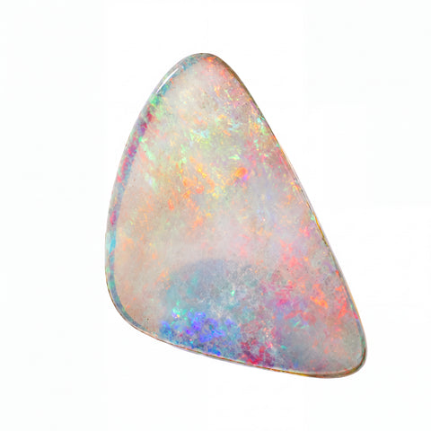 A triangular natural opal gemstone with a white base and vibrant iridescent flashes of orange, pink, blue, and green, isolated on a solid white background.