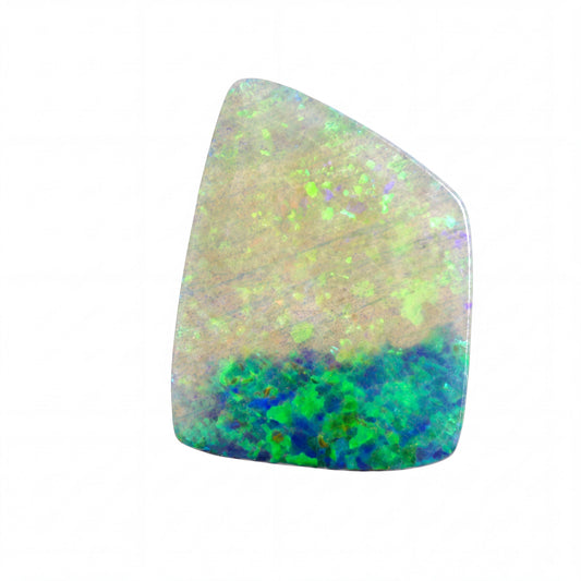A polished irregular-shaped cabochon gemstone featuring a vibrant mix of blue, green, and yellow iridescent play-of-colour, centred against a solid black background.