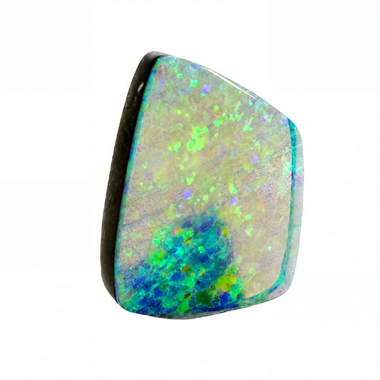 A polished irregular-shaped opal gemstone with a vibrant mottled pattern of blue, green, and yellow, centred on a plain white background.