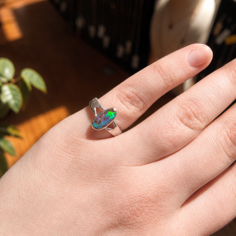 Boulder Opal Ring set in 925 Sterling Silver - Green-Blue