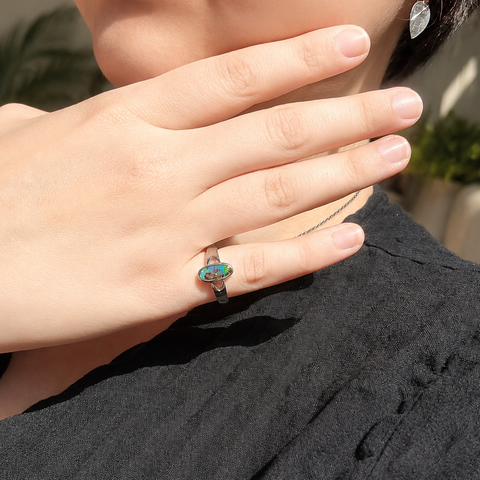 Boulder Opal Ring set in 925 Sterling Silver - Green-Blue