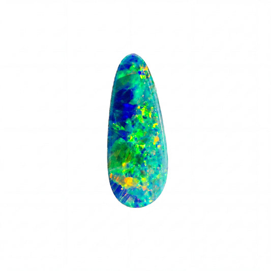 A teardrop-shaped cabochon opal gemstone displaying vibrant, iridescent play-of-colour with blue, green, yellow, and orange flashes on a solid white background.