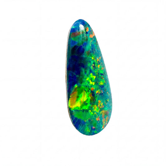 A teardrop-shaped natural opal gemstone displaying vibrant iridescent colors including blue, green, yellow, and orange, set against a solid white background.