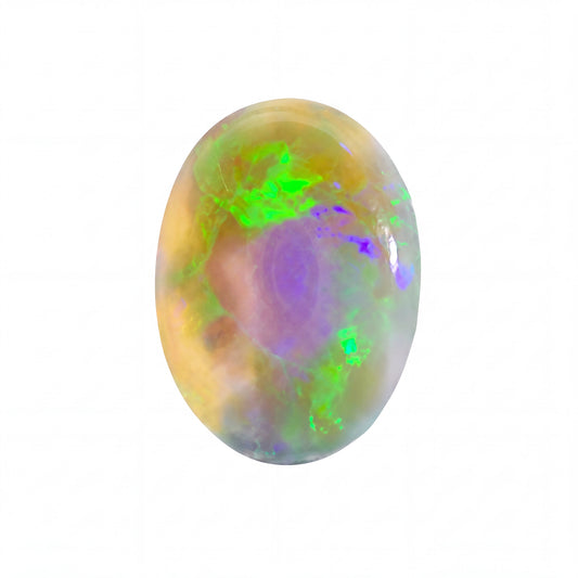 A polished oval cabochon gemstone with iridescent opal-like colours, featuring a mix of green, purple, yellow, and pale pink tones on a solid white background.
