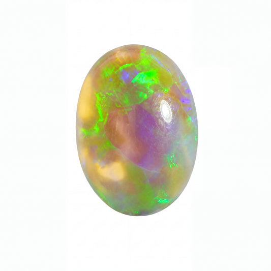 A polished oval cabochon gemstone showing a vibrant play-of-colour with green, purple, orange, and white iridescence on a solid white background.