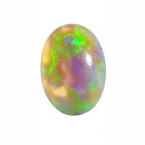 A polished oval cabochon gemstone showing a vibrant play-of-colour with green, purple, orange, and white iridescence on a solid white background.