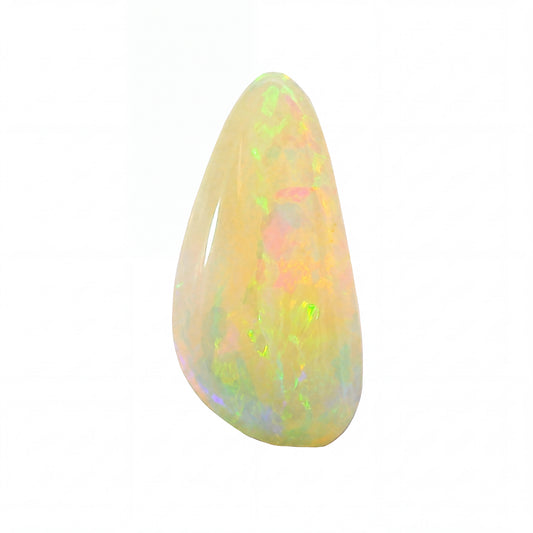 A teardrop-shaped cabochon opal gemstone displaying a play-of-colour with vibrant flashes of green, orange, pink, and blue on a white background.