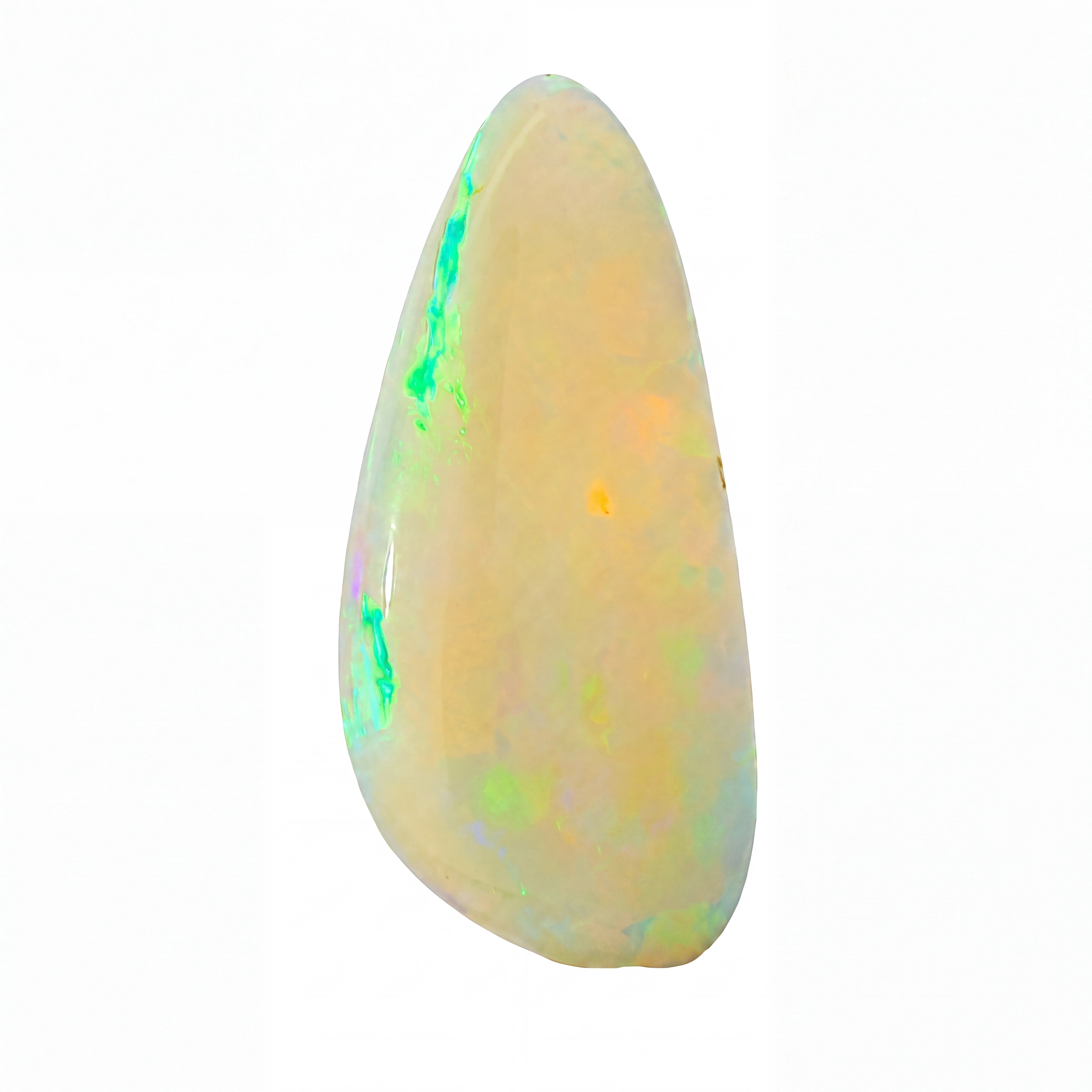 A teardrop-shaped white opal gemstone with vibrant green and orange flashes, displayed on a clean white background.