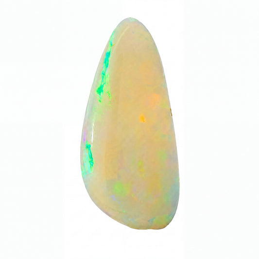 A teardrop-shaped white opal gemstone with vibrant green and orange flashes, displayed on a clean white background.
