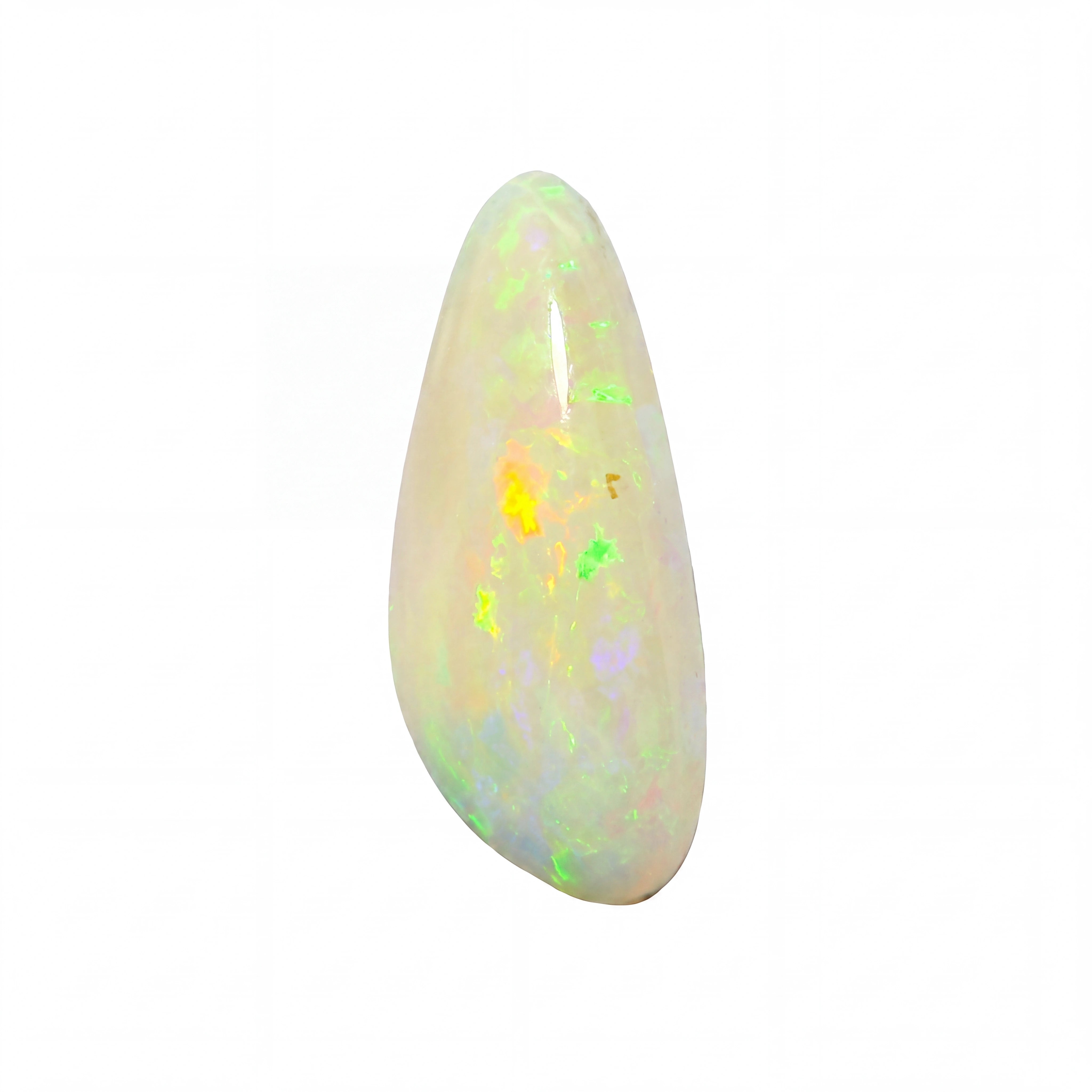 A teardrop-shaped white opal gemstone with vibrant, shifting iridescent flashes of green, yellow, and blue, set against a plain white background.