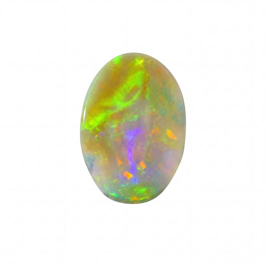 A polished oval cabochon opal gemstone displaying vibrant iridescent flashes of green, orange, purple, and blue over a white base, set against a plain white background.
