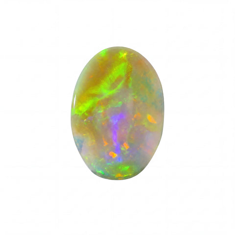 A polished oval cabochon opal gemstone displaying vibrant iridescent flashes of green, orange, purple, and blue over a white base, set against a plain white background.