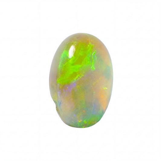 A single polished oval opal gemstone with vibrant iridescent colours, primarily neon green and blue with hints of orange and purple, set against a solid white background.