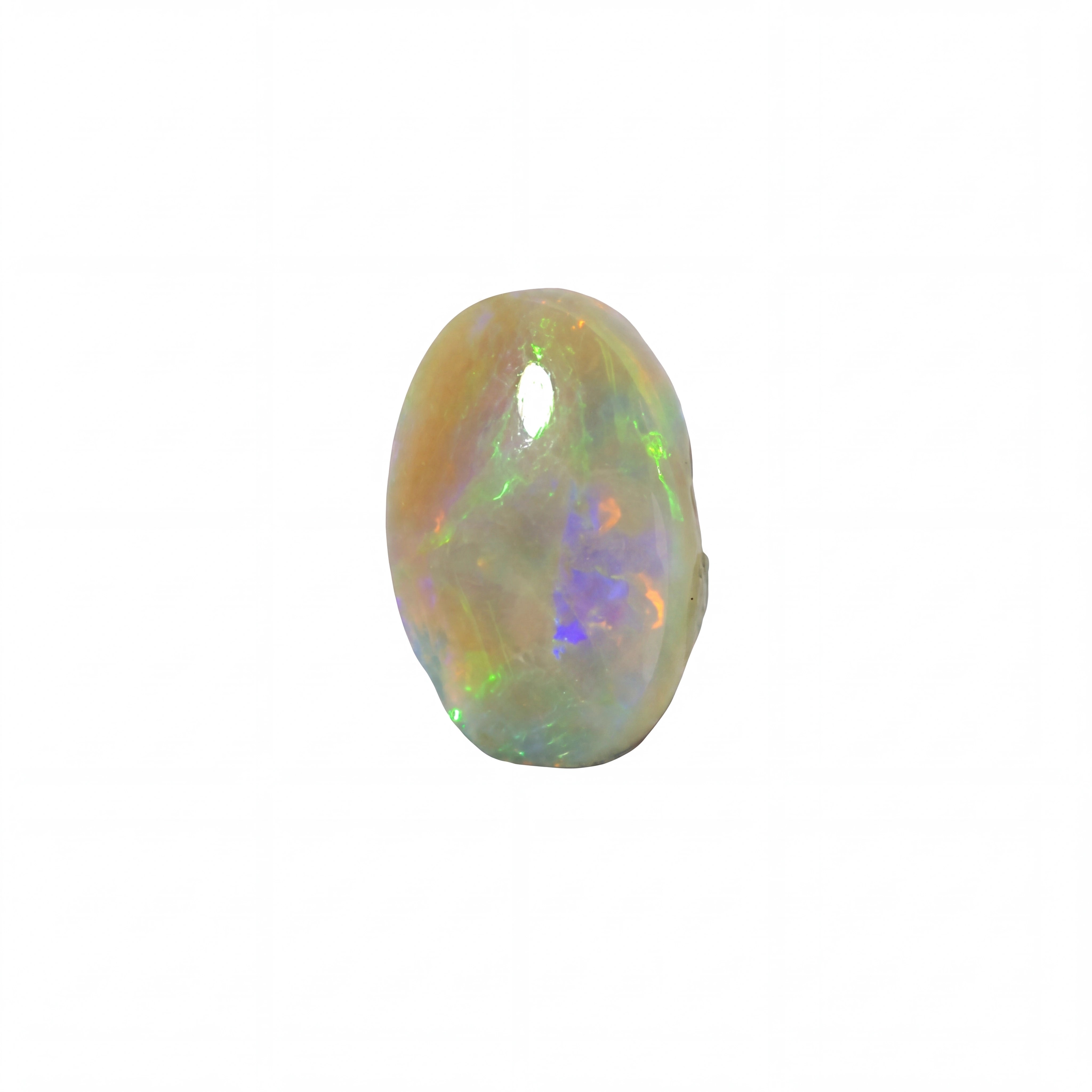 A polished oval cabochon opal gemstone with a white body and vibrant iridescent flashes of green, blue, orange, and purple, shown on a solid white background.