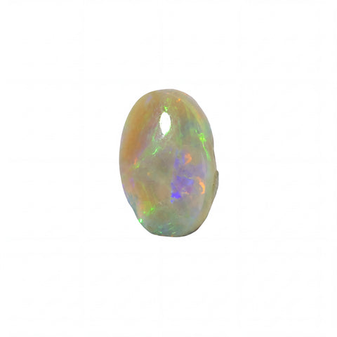 A polished oval cabochon opal gemstone with a white body and vibrant iridescent flashes of green, blue, orange, and purple, shown on a solid white background.