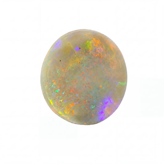 A polished oval cabochon gemstone with a milky white base and vibrant, shifting iridescent flashes of orange, green, purple, and blue, isolated on a solid white background.
