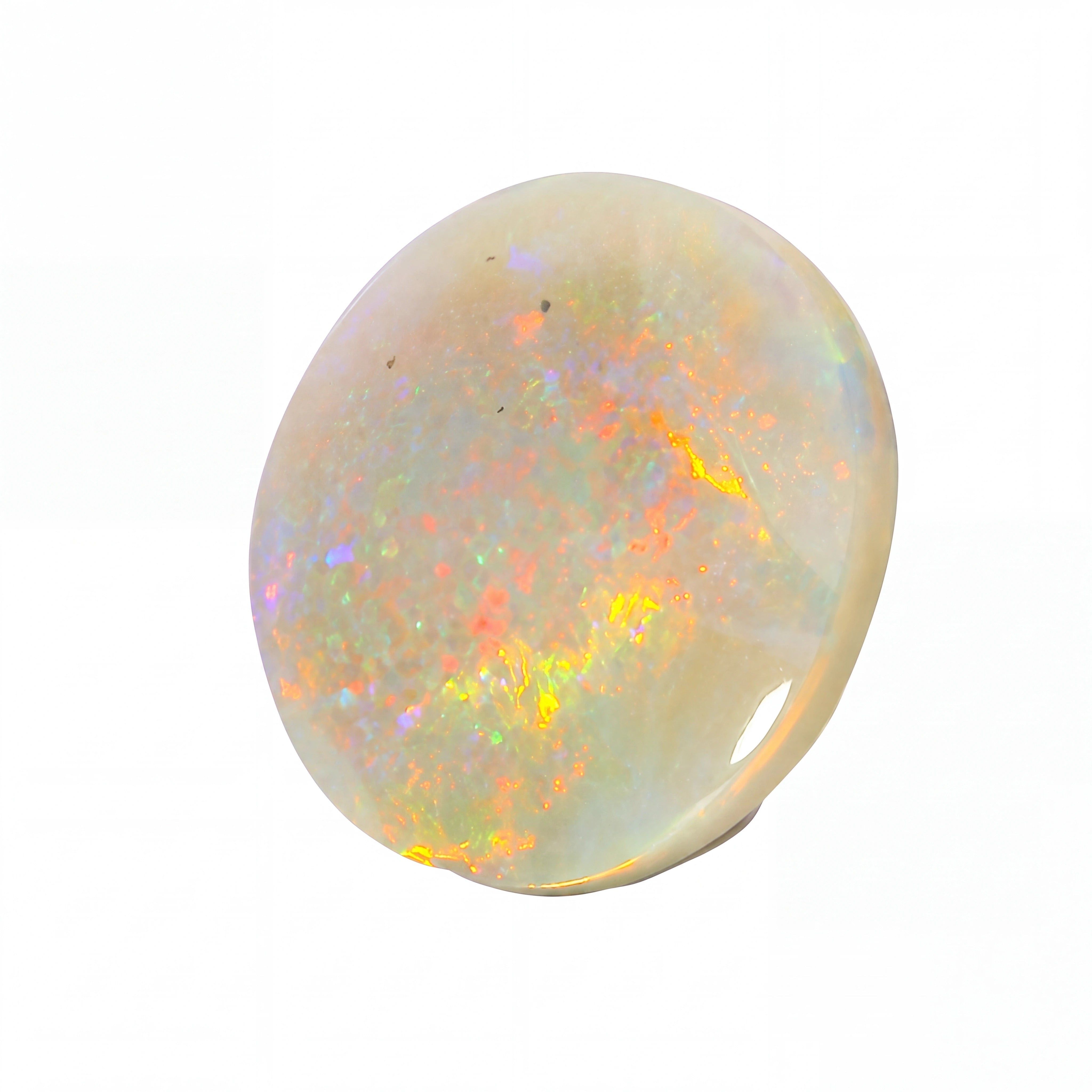 A polished oval cabochon gemstone with a milky white base and vibrant iridescent flashes of orange, yellow, green, and blue, isolated on a white background.
