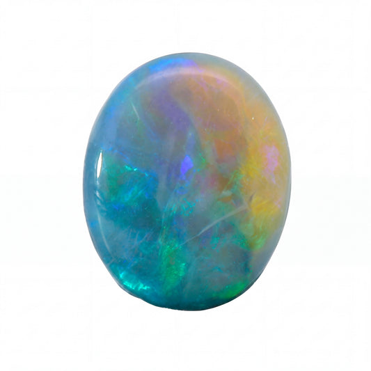 A polished oval cabochon gemstone displaying vibrant iridescent opal colours, including blue, green, purple, and yellow, set against a plain white background.