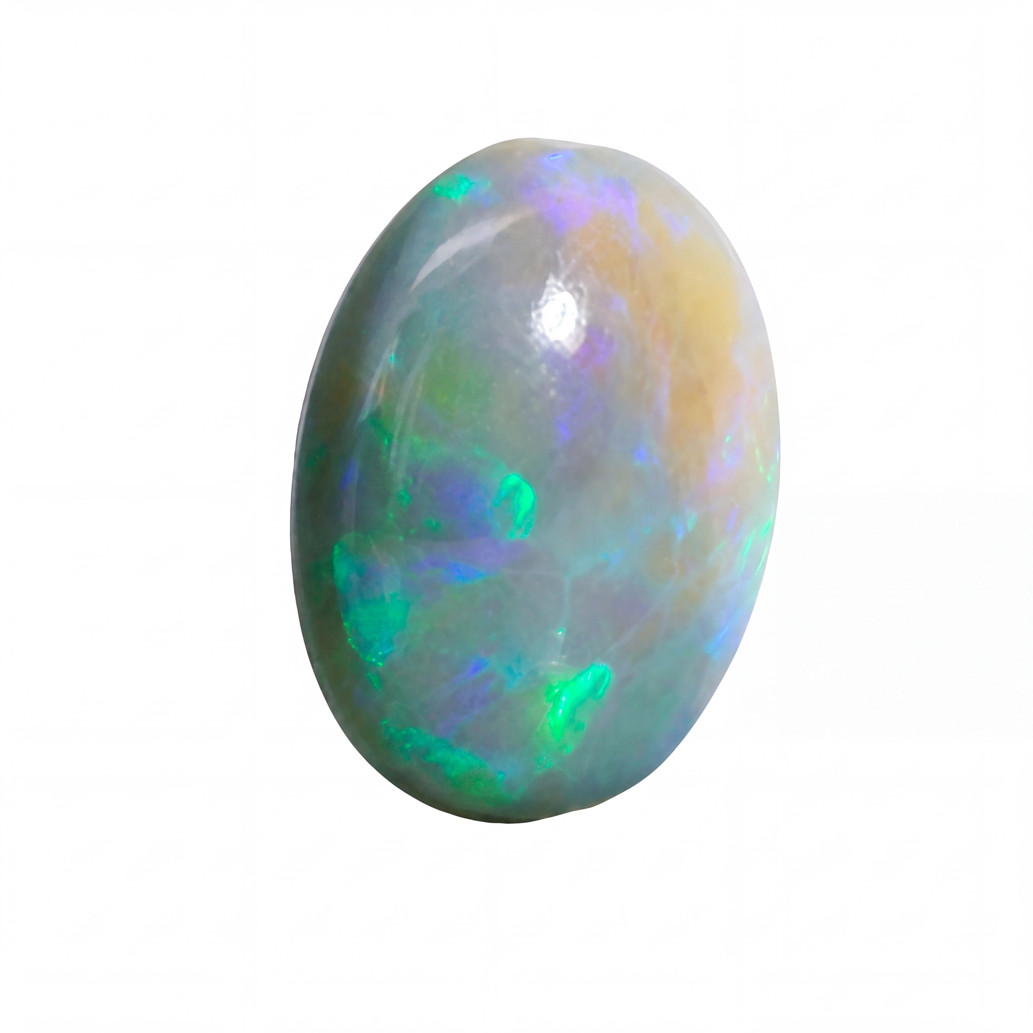 A polished oval opal gemstone displaying a play-of-colour with vibrant flashes of green, blue, purple, and yellow on a pale grey base, isolated on a white background.