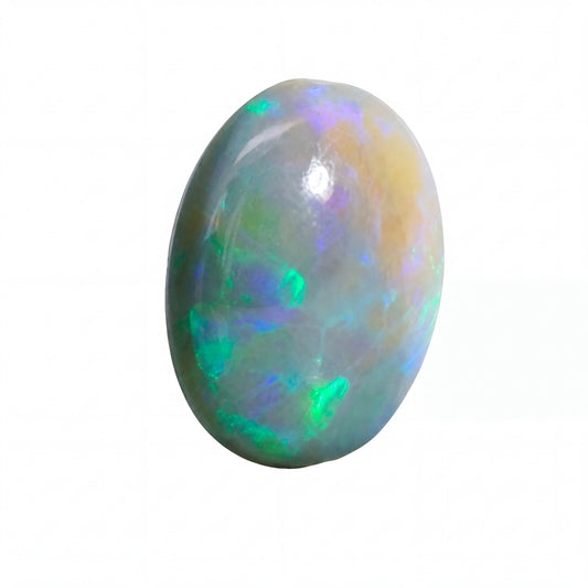 A polished oval opal gemstone displaying a play-of-colour with vibrant flashes of green, blue, purple, and yellow on a pale grey base, isolated on a white background.