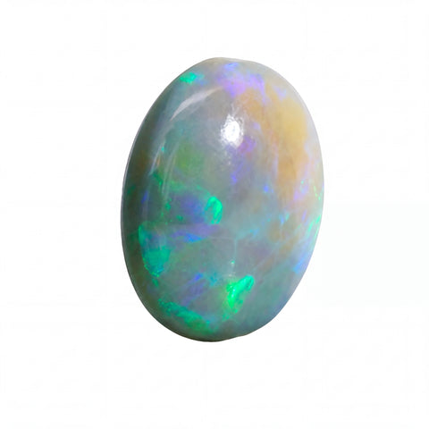 A polished oval opal gemstone displaying a play-of-colour with vibrant flashes of green, blue, purple, and yellow on a pale grey base, isolated on a white background.