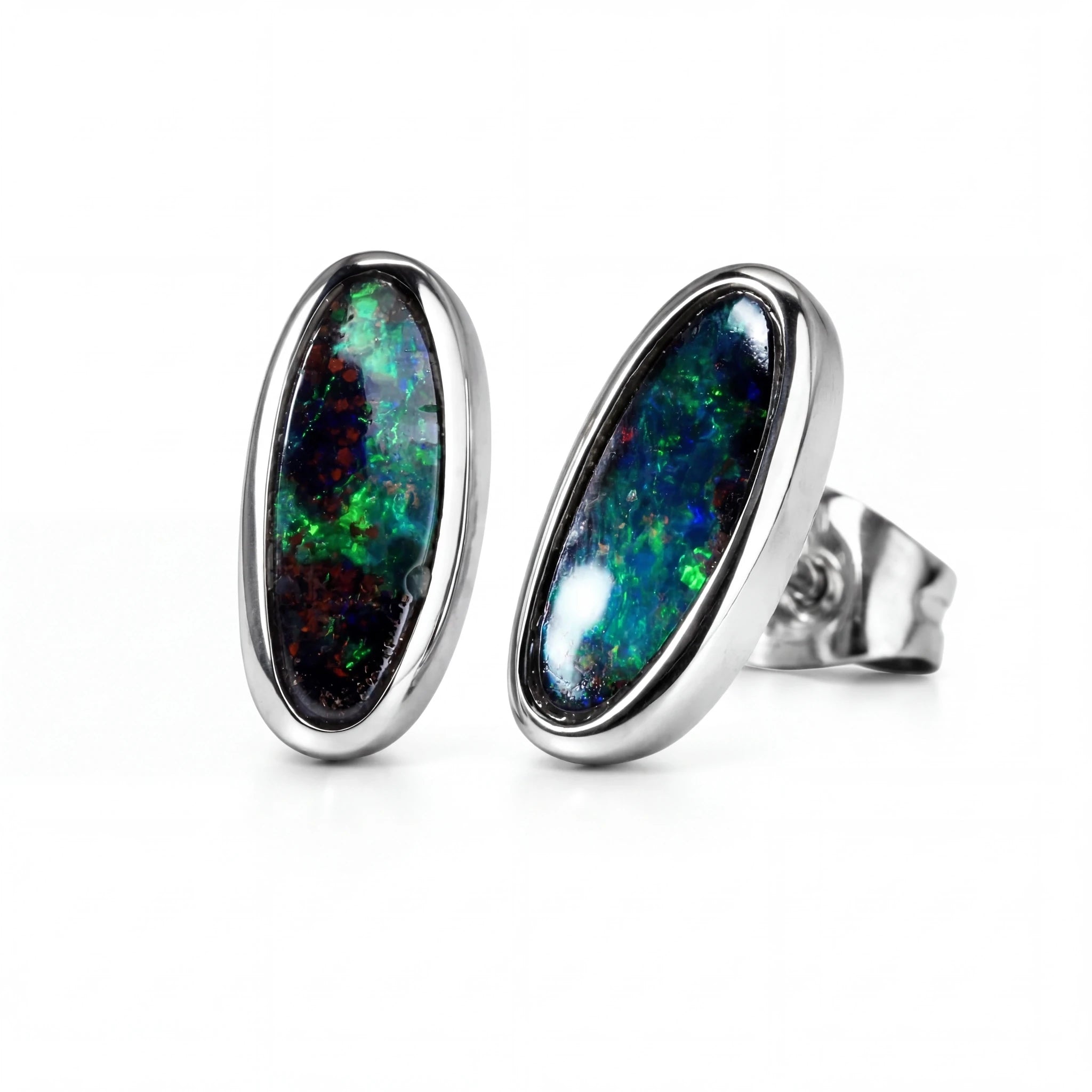 Boulder Opal Earrings in 14K White Gold - Green-Blue - Australian Opal Cutters and Pearl Divers
