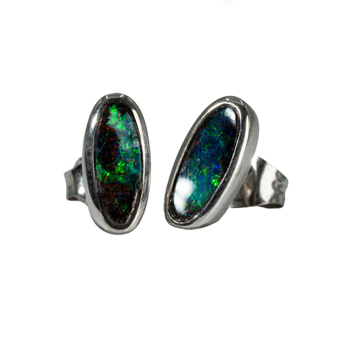 Boulder Opal Earrings in 14K White Gold - Green-Blue