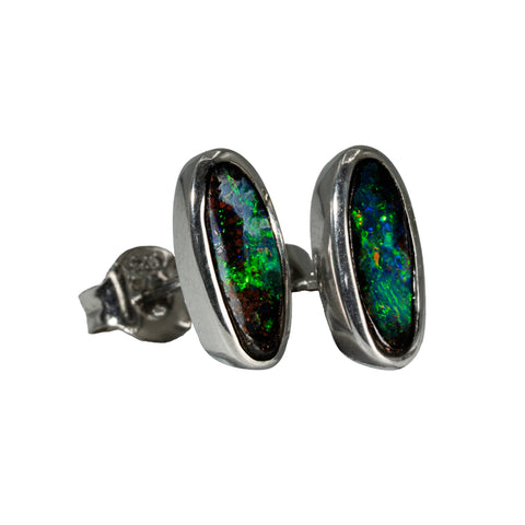 Boulder Opal Earrings in 14K White Gold - Green-Blue