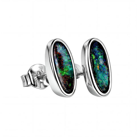 Boulder Opal Earrings in 14K White Gold - Green-Blue - Australian Opal Cutters and Pearl Divers