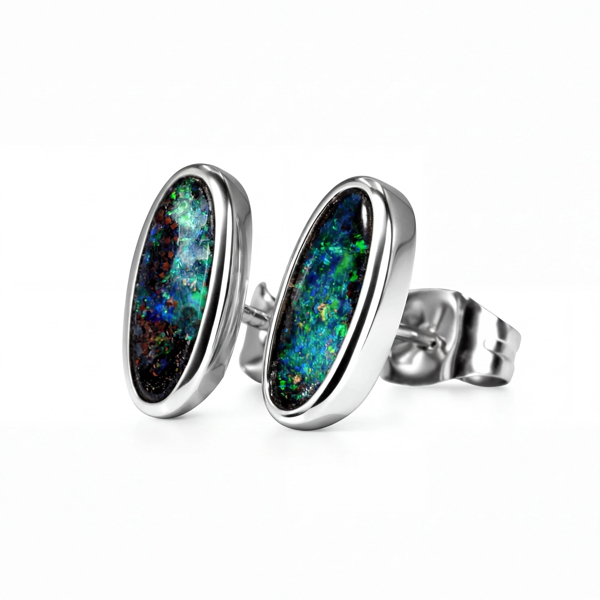 Boulder Opal Earrings in 14K White Gold - Green-Blue - Australian Opal Cutters and Pearl Divers