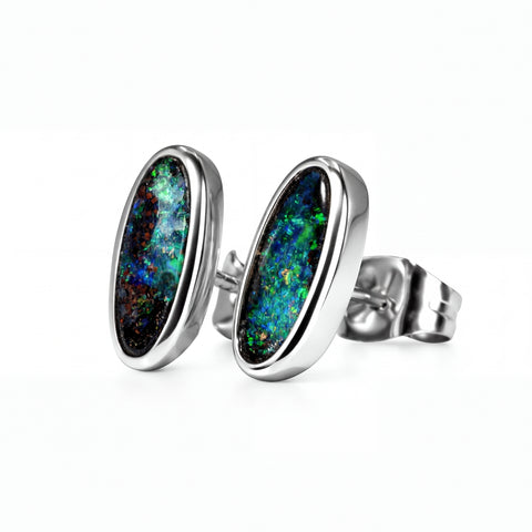 Boulder Opal Earrings in 14K White Gold - Green-Blue