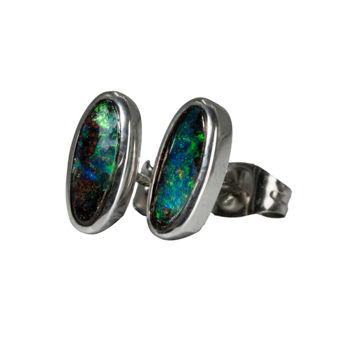Boulder Opal Earrings in 14K White Gold - Green-Blue